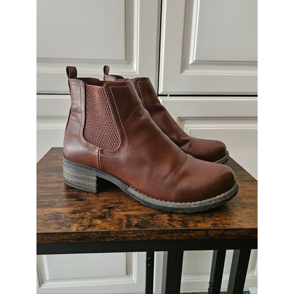 Eastland Jasmine Brown Faux Leather Chelsea Ankle Boots Block Heel Minimalist